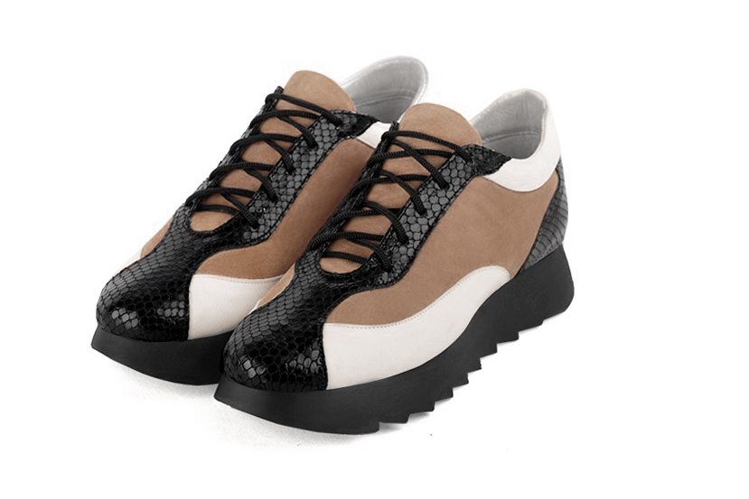 Satin black, biscuit beige and off white women's elegant sneakers. Round toe. Low rubber soles. Front view - Florence KOOIJMAN